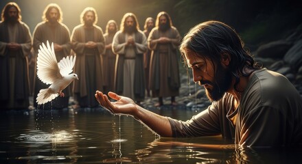 Jesus Christ receives baptism in the River Jordan, a white dove descends, surrounded by followers, sacred moment, divine light illuminates the water.