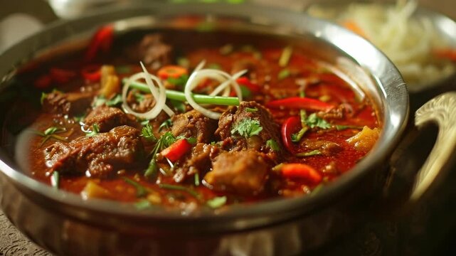 A hearty beef stew in a cast iron skillet, topped with sliced onions and herbs.
