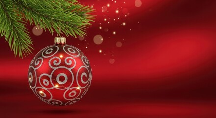 Red christmas bauble hanging from pine branch