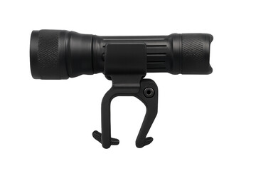 Black tactical flashlight with bicycle handlebar mount