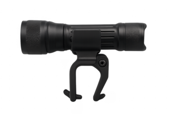 Black tactical flashlight with bicycle handlebar mount