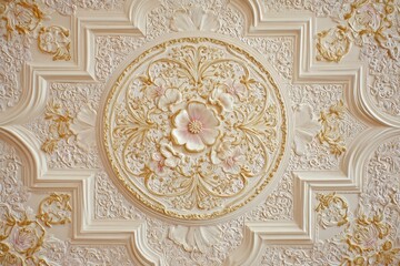Obraz premium Intricate classical ceiling panel features detailed floral plaster ornamentation with subtle gold accents