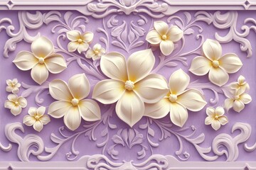 Raised ivory floral relief design features intricate swirling ornamentation on a lavender background
