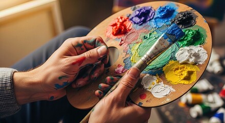 Human hands delicately hold a vibrant wooden palette, ready to transform colorful pigments into imaginative visual expression, symbolizing creativity and artistic passion.