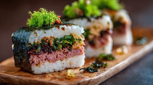 Delicious Homemade Musubi: Healthy Rice and Meat Sandwich Served Against a Cultural Background