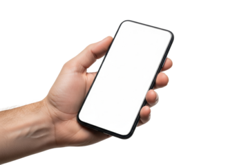 clean caucasian hand presenting a modern matte black smartphone with a blank white screen, isolated on a transparent studio background with copy space. concept for mobile device mockup