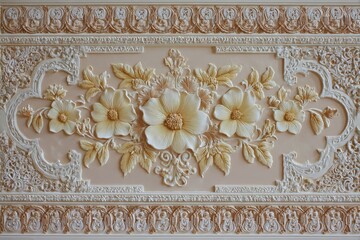 Ornate three dimensional floral relief panel features detailed sculpted blossoms and foliage