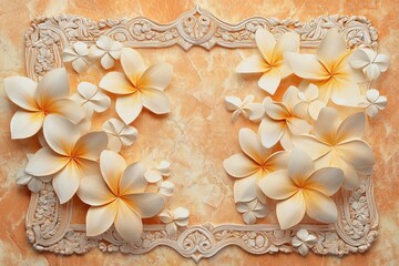 Ornate floral decoration frames beautifully sculpted blossoms against a marbled background