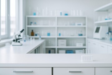 Laborat&oacute;rio cient&iacute;fico moderno com microsc&oacute;pio e tubos de ensaio.