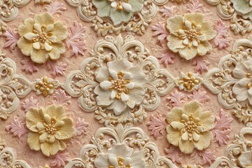 Intricate floral bas-relief carving displays a repeating pattern of ornate, textured decorations