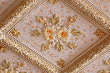 Ornate ceiling panel features intricate floral plasterwork detailing with gilded accents