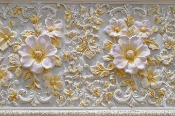 Ornate three dimensional floral relief sculpture covers a surface in intricate detail