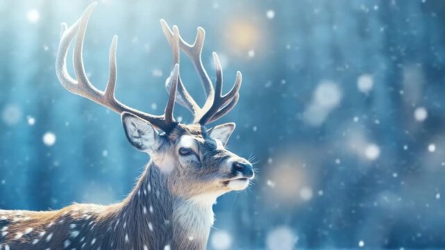 A majestic deer with antlers stands amidst falling snowflakes, looking into the distance.