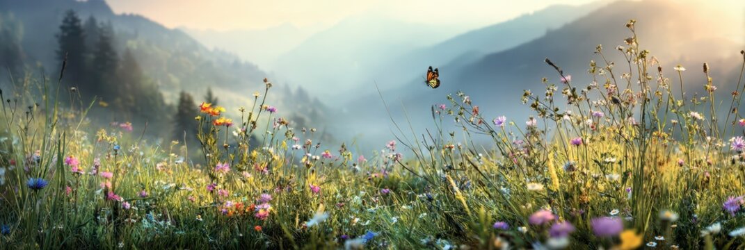 Breathtaking Panoramic View of Idyllic Mountain Landscape with Vibrant Wildflowers and Lush Green Meadows in a Serene Countryside Setting