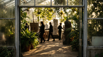 People painting and sculpting inside a sunlit greenhouse with lush green plants