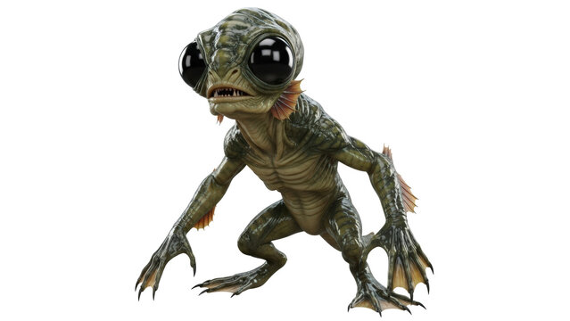 Cute but creepy amphibious creature with large black eyes and green scaly skin, standing on two legs, isolated on transparent background