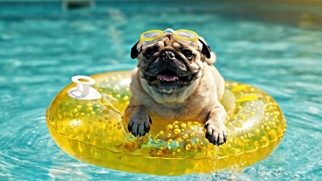 Pug dog floating in pool with swim goggles and yellow inflatable ring. Fun summer pet vacation concept. Happy animal in water.