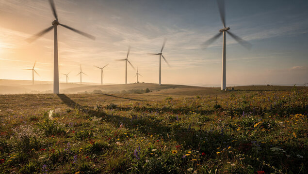 Wind turbines spin in a field of wildflowers at sunrise, creating renewable energy - Powered by Adobe