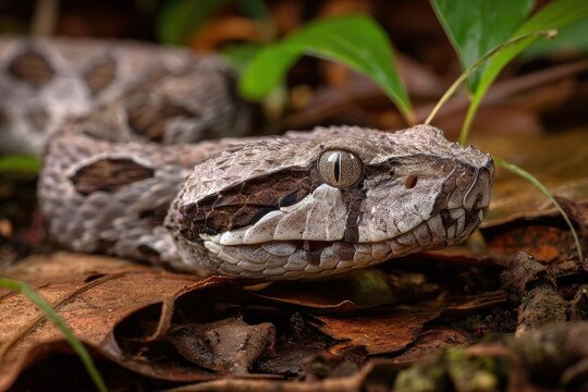 Female Gaboon Viper Sunning on Forest Floor: A Close Encounter with a Venomous Reptile in its Natural Habitat