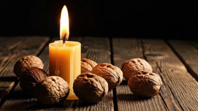 Warm candle flame glowing among whole walnuts on a rustic wooden table. Cinematic lighting on organic textures creates a cozy atmosphere. Seamless loop for autumn or holiday background.
