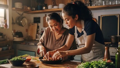 Passing Down a Recipe. Elderly woman teaching her adult daughter how to make a traditional dish. Elderly People Moments Healthy Life