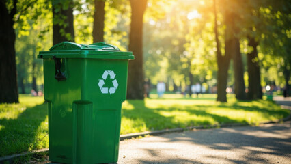 Green recycling bin with recycling symbol in a sunny park setting