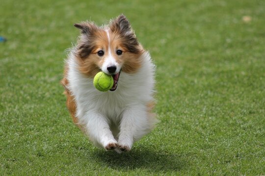 Dynamic Flyball Action: Showcasing Speed and Agility in Canine Sports with a Shetland Sheepdog and a Colorful Ball