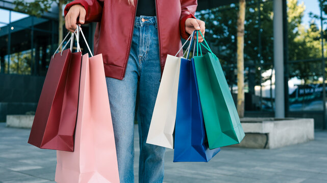 Woman holding multiple shopping bags in front of a modern building, showcasing consumerism and retail therapy.