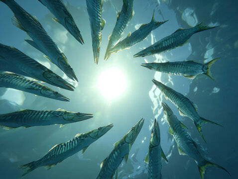 Circle of 10 barracudas, open ocean, vibrant colors, sunny underwater lighting, cinematic, hyperrealistic, mackerel school, contrasting blues and whites, lens flare, aerial view - AI-Generated - Powered by Adobe