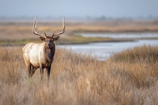 Majestic Tule Elk Bull in Breezy Grizzly Island Marshlands of California
