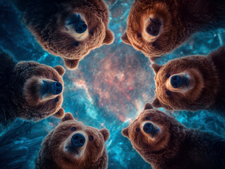 High-detailed digital artwork of 10 brown bears in a circle, floating on icy cosmic terrain under vibrant starry skies The composition is geometric with soft shadows and - AI-Generated