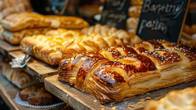 An enticing bakery display with various types of freshly baked pastries and bread.