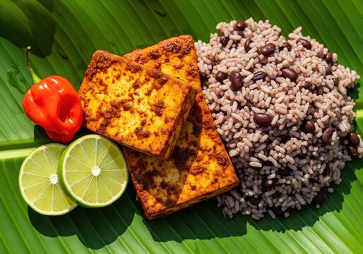 Cuban moros y cristianos with fried tofu, habanero pepper, and lime slices on banana leaf