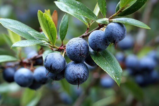 Myrtus Communis: Edible Blue-Black Berries of the Myrtle Tree with Lush Green Leaves in a Garden Setting