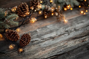 Festive Scene of Pine Cones and Golden Garland Lights Over Rustic Wood in December