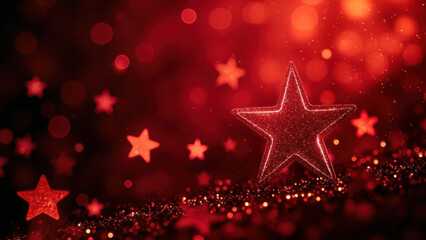Sparkling red stars and bokeh lights create a magical festive background