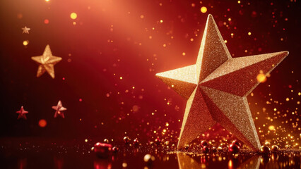 Glittering golden star decoration with bokeh lights on a festive red background
