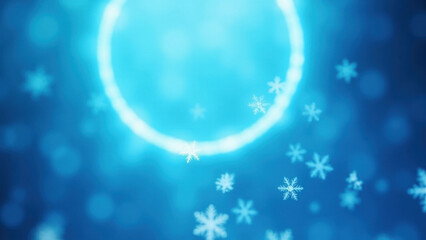 Abstract glowing blue circle with falling snowflakes and bokeh effect
