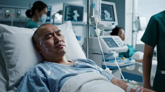 Medical professional carefully tending to an asian man connected to dialysis machine, showcasing kidney disease treatment and healthcare technology.