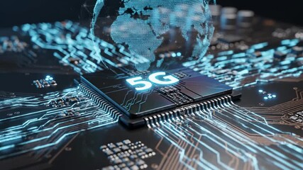 5G circuit board with global network connection. Wireless technology of internet on electronic microchip and planet earth. Future high speed data exchange innovation. - Powered by Adobe