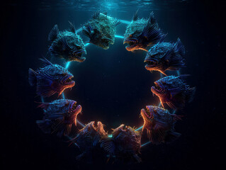 A digital artwork of a circle of 10 anglerfish, bioluminescent, deep ocean, geometric composition, hyperrealistic, cinematic lighting, vivid blues and oranges, mystical ambiance - AI-Generated