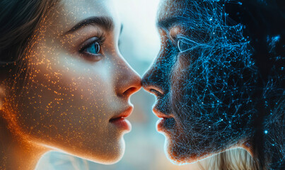 Close-up of human face and futuristic digital face made of blue network connections symbolizing artificial intelligence interaction and human technology relationship concept
