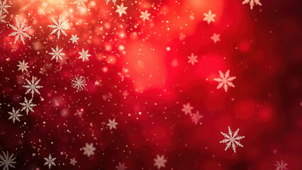Festive red background with falling snowflakes and bokeh lights for Christmas and winter holidays