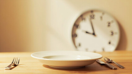 Empty plate and cutlery set on a wooden table with a clock in the background