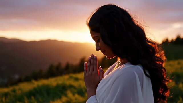 Woman raising hands in namaste at sunset in a mountainous field, showing gratitude, praying, meditating, and feeling spiritual peace.