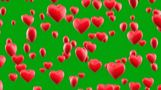Red heart shapes falling on a green background. Valentine day message for celebrating passion and emotion.