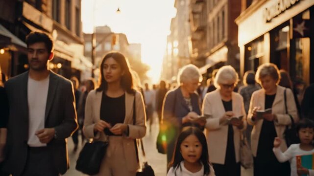 Diverse people walking on city street at sunset, young man and woman interacting with different generations. People of all ages crossing street side by side.
