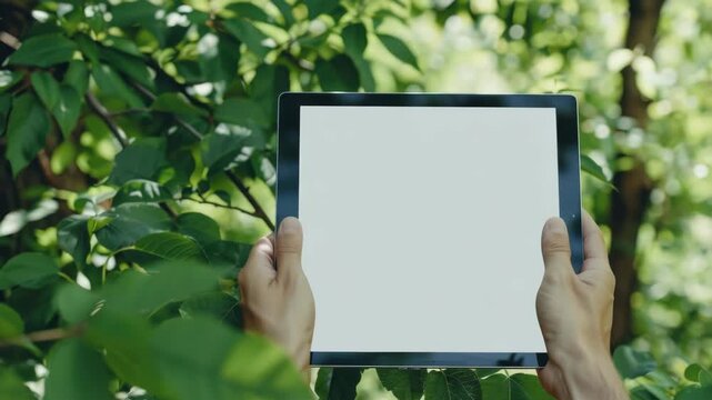 A person is standing outside and holds a tablet PC with its screen off. The background features dense vegetation with trees and shrubs.