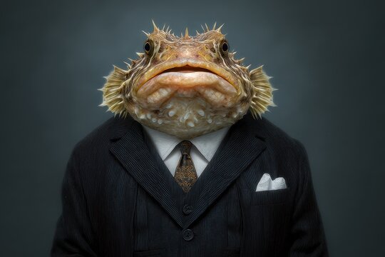 Whimsical Toadfish Dressed in a Suit: Humorous Portrait Set Against a Dark Gray Canvas