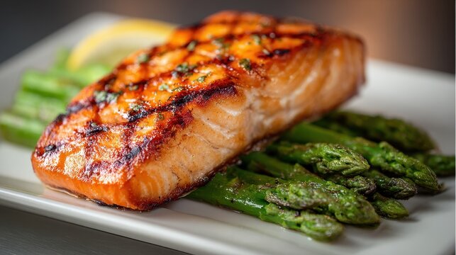 Sizzling Grilled Coho Salmon Filet with Asparagus: A Fresh and Healthy Dish in Vibrant Orange and Green